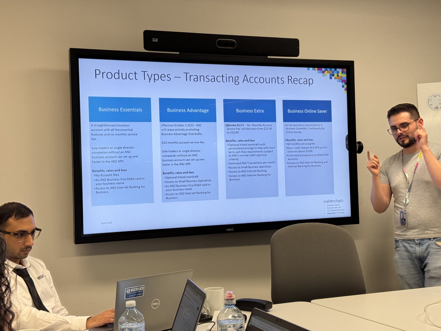 Noah presenting a transacting-accounts product recap to the team